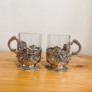 Vintage silver and class tea cup floral lattice set of 2